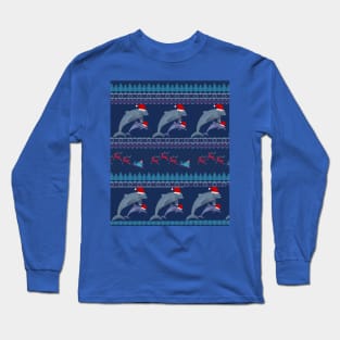 Merry Christmas Ugly Sweater Design with Dolphin in Santa Hats Long Sleeve T-Shirt